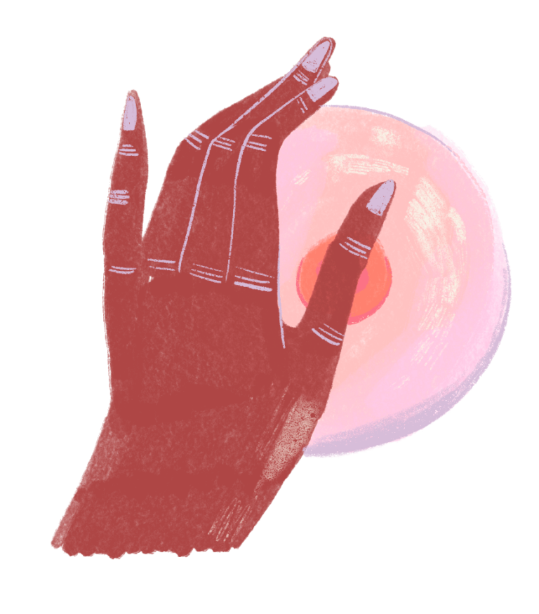 Ilustración: Una mano hace un autoexamen de cáncer de mama.